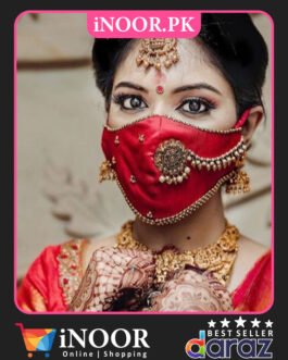 TRENDY Red Bridal Face Mask Decorated with Golden Pearls Beads