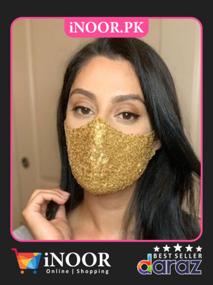 Fashionable golden sequin face mask online in Pakistan made with high-quality cloth and materials can filter small particles from the air.