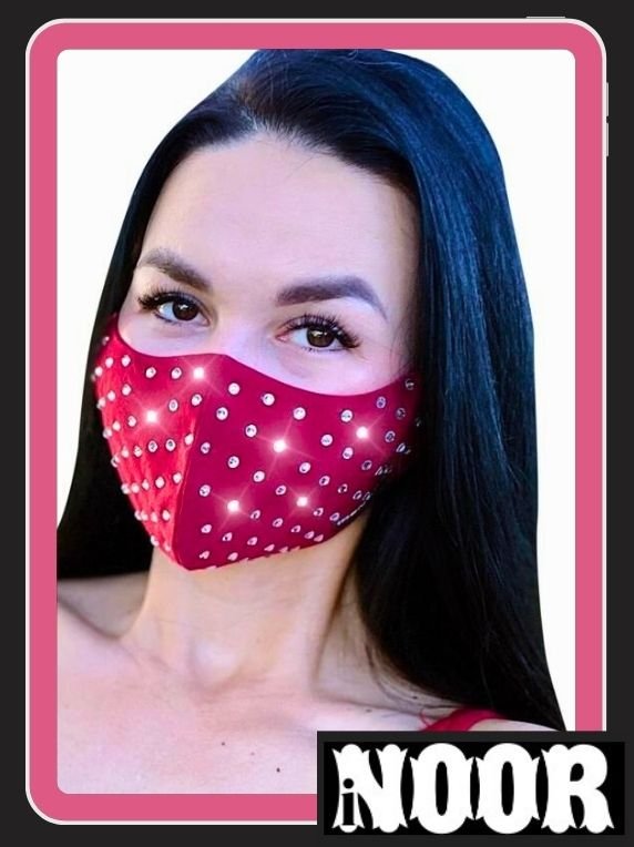 Beautiful Red Silk Face Mask Decked with Rhinestones